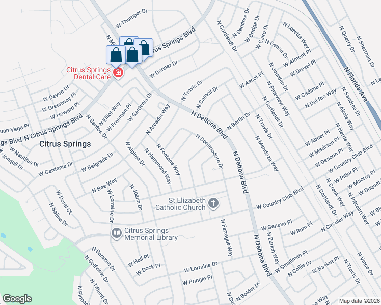 map of restaurants, bars, coffee shops, grocery stores, and more near 9133 North Bertin Drive in Citrus Springs