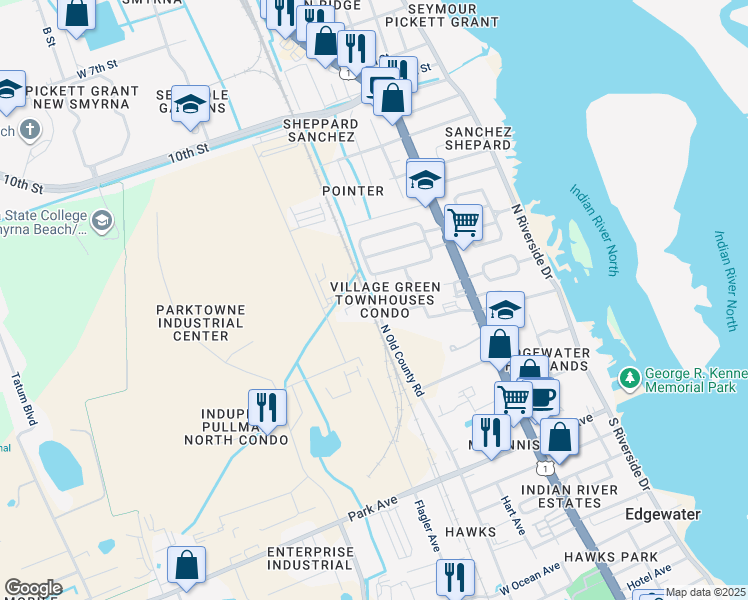 map of restaurants, bars, coffee shops, grocery stores, and more near 153 Cheeta Drive in Edgewater