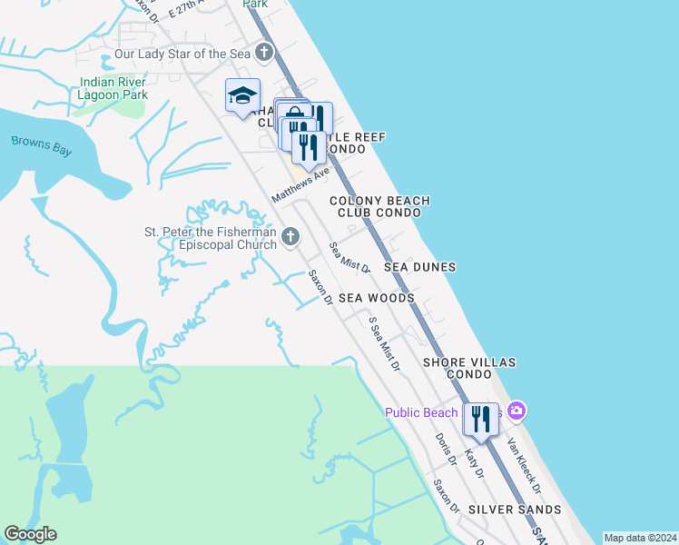 map of restaurants, bars, coffee shops, grocery stores, and more near 4313 Gull Cove in New Smyrna Beach
