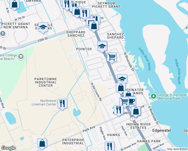 map of restaurants, bars, coffee shops, grocery stores, and more near 153 Cheeta Drive in Edgewater