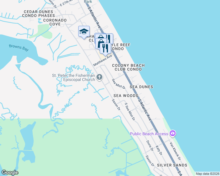 map of restaurants, bars, coffee shops, grocery stores, and more near 4312 Saxon Drive in New Smyrna Beach