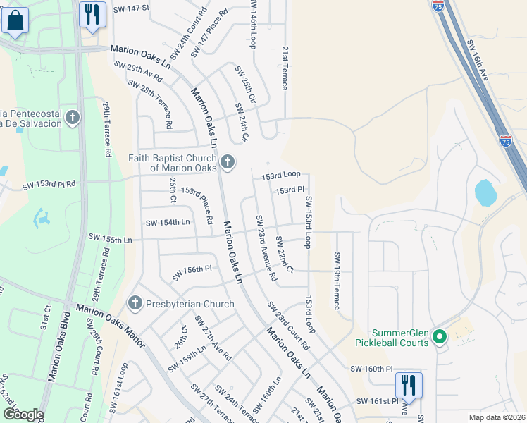 map of restaurants, bars, coffee shops, grocery stores, and more near 15576 Southwest 22nd Court Road in Ocala