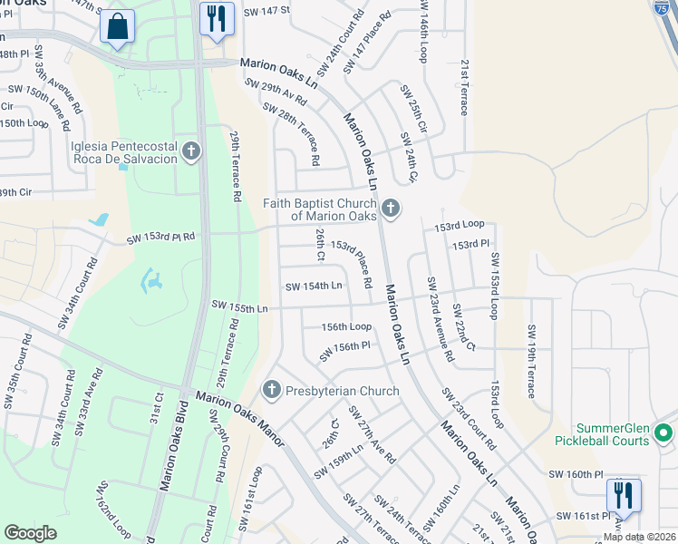map of restaurants, bars, coffee shops, grocery stores, and more near 2555 Southwest 154th Place Road in Ocala