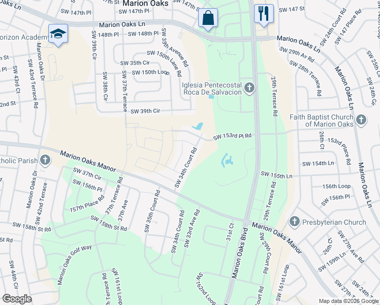 map of restaurants, bars, coffee shops, grocery stores, and more near 3322 Southwest 153rd Place Road in Ocala