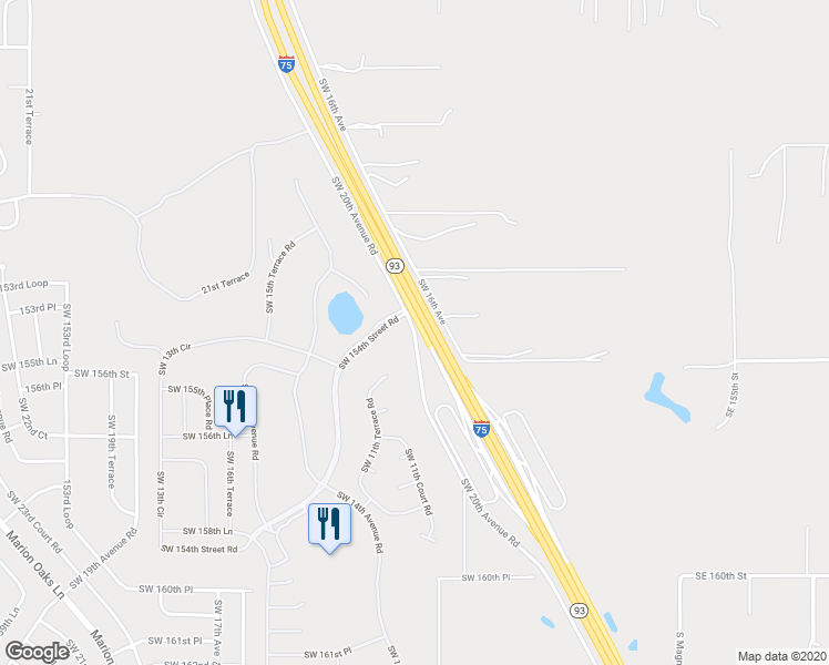 map of restaurants, bars, coffee shops, grocery stores, and more near 14772 Southwest 20th Avenue Road in Ocala