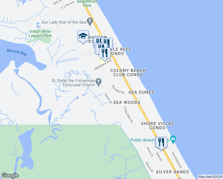 map of restaurants, bars, coffee shops, grocery stores, and more near 4303 Gull Cove in New Smyrna Beach