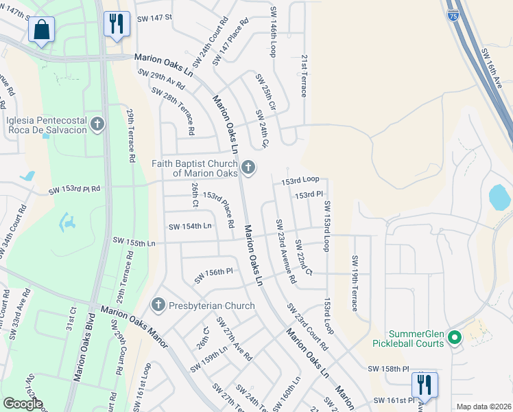 map of restaurants, bars, coffee shops, grocery stores, and more near 15364 Southwest 23rd Court Road in Ocala
