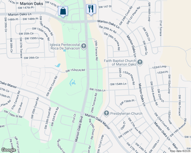 map of restaurants, bars, coffee shops, grocery stores, and more near 311 Marion Oaks Boulevard in Ocala