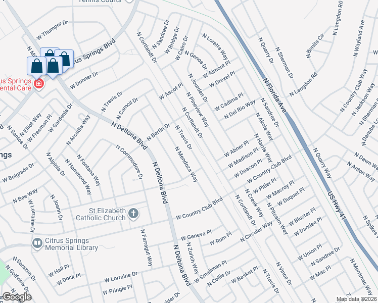 map of restaurants, bars, coffee shops, grocery stores, and more near 9224 North Travis Drive in Citrus Springs