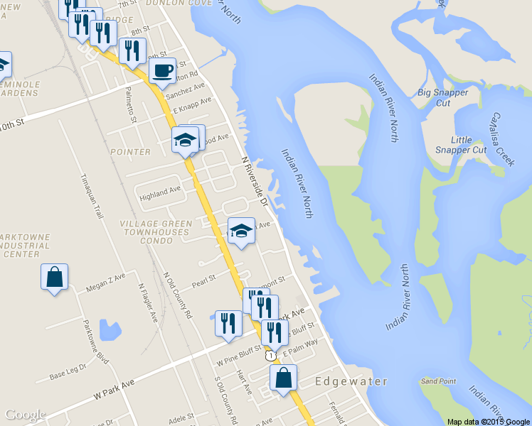 map of restaurants, bars, coffee shops, grocery stores, and more near 308 North Riverside Drive in Edgewater