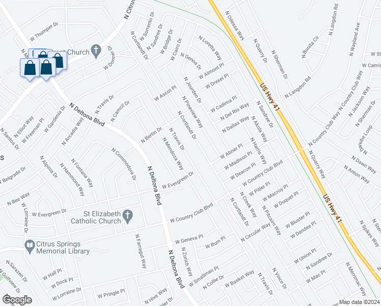 map of restaurants, bars, coffee shops, grocery stores, and more near 9201 North Travis Drive in Citrus Springs