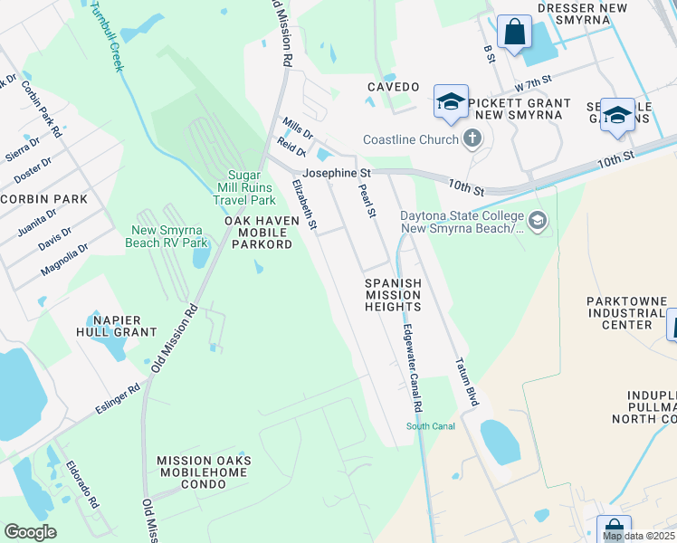 map of restaurants, bars, coffee shops, grocery stores, and more near 1341 Elizabeth Street in New Smyrna Beach