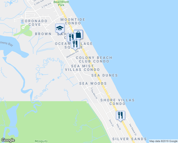 map of restaurants, bars, coffee shops, grocery stores, and more near 4303 Sea Mist Drive in New Smyrna Beach