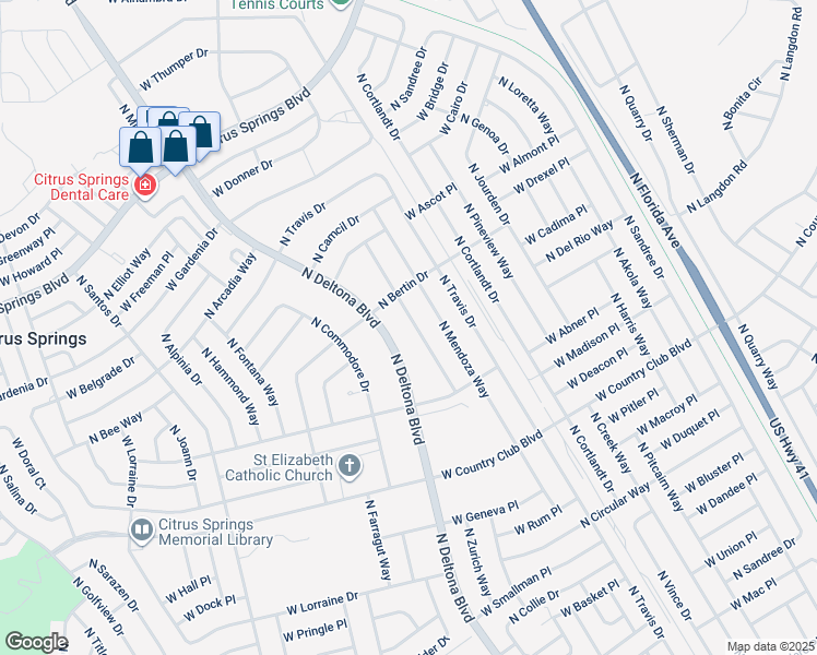 map of restaurants, bars, coffee shops, grocery stores, and more near 9220 North Peachtree Way in Citrus Springs