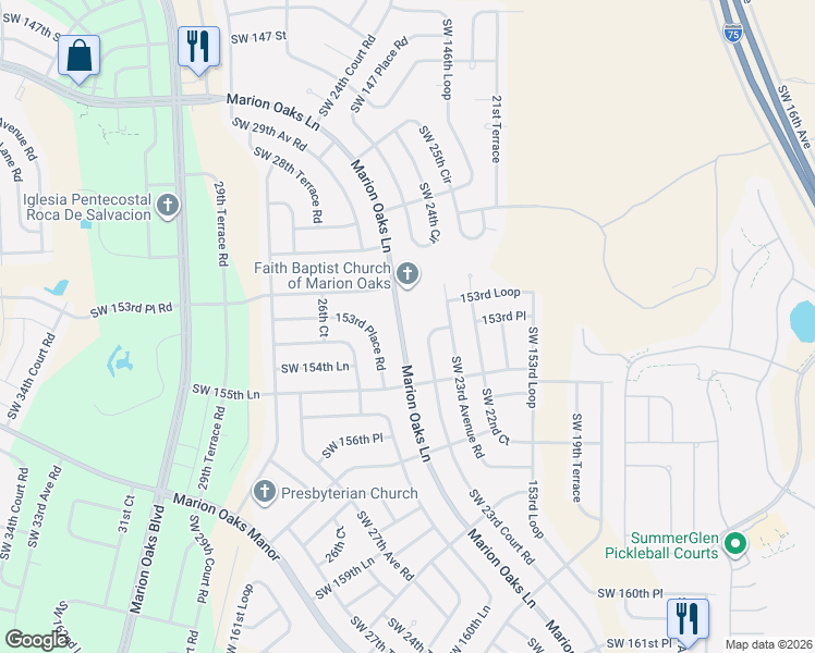 map of restaurants, bars, coffee shops, grocery stores, and more near 406 Marion Oaks Lane in Ocala