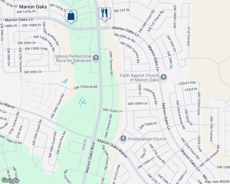map of restaurants, bars, coffee shops, grocery stores, and more near 29th Terrace Road in Ocala