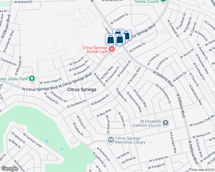 map of restaurants, bars, coffee shops, grocery stores, and more near 1936 West Freeman Place in Citrus Springs