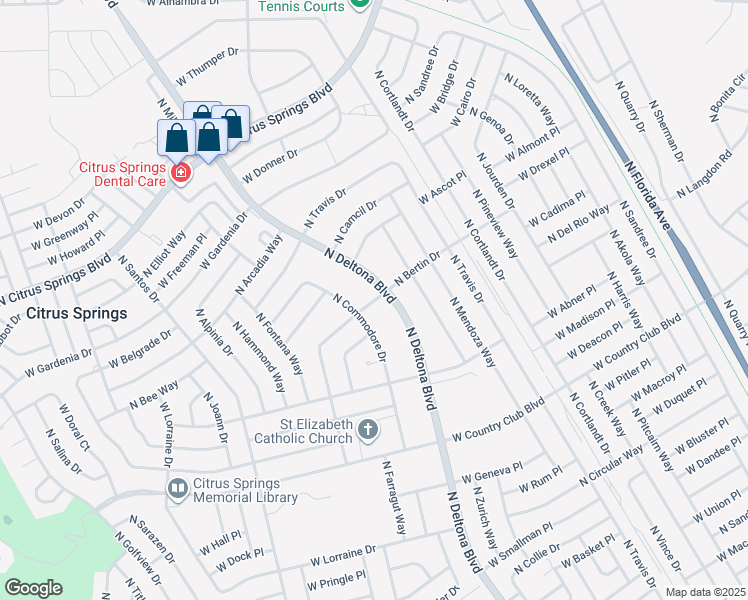 map of restaurants, bars, coffee shops, grocery stores, and more near 9232 North Bertin Drive in Citrus Springs