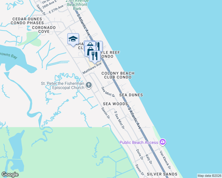 map of restaurants, bars, coffee shops, grocery stores, and more near 4307 Sea Mist Drive in New Smyrna Beach