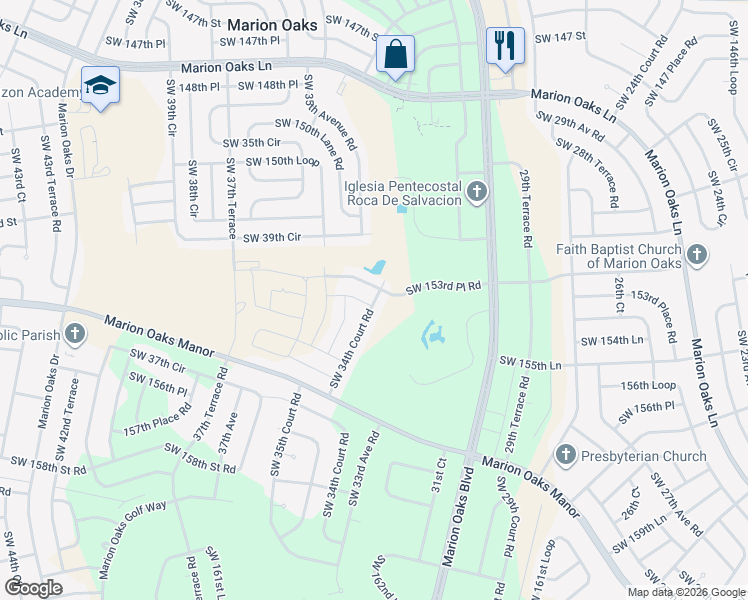 map of restaurants, bars, coffee shops, grocery stores, and more near 15330 Southwest 34th Court Road in Ocala