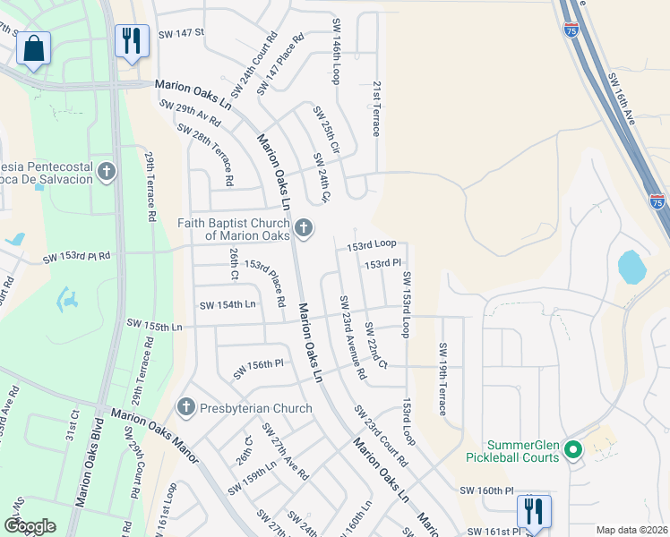 map of restaurants, bars, coffee shops, grocery stores, and more near 15364 Southwest 23rd Court Road in Ocala