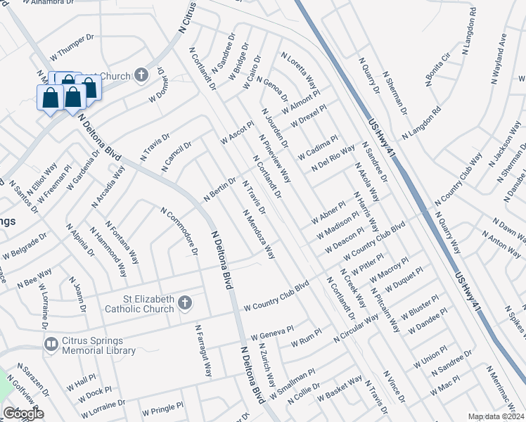 map of restaurants, bars, coffee shops, grocery stores, and more near 9224 North Travis Drive in Citrus Springs