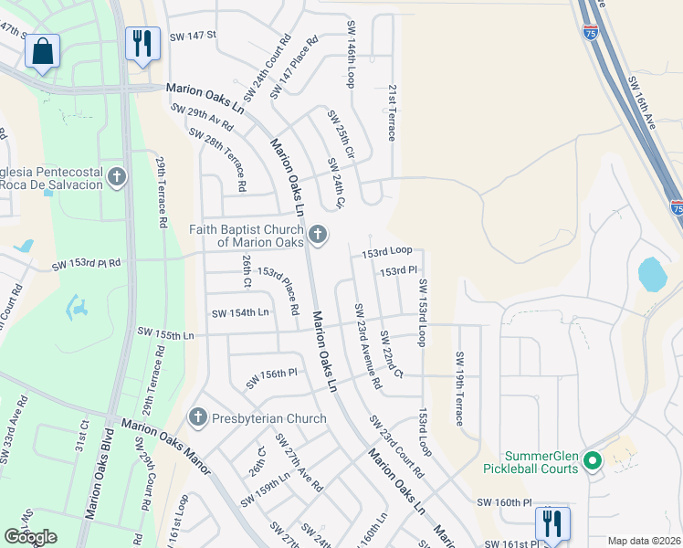 map of restaurants, bars, coffee shops, grocery stores, and more near 15364 Southwest 23rd Court Road in Ocala