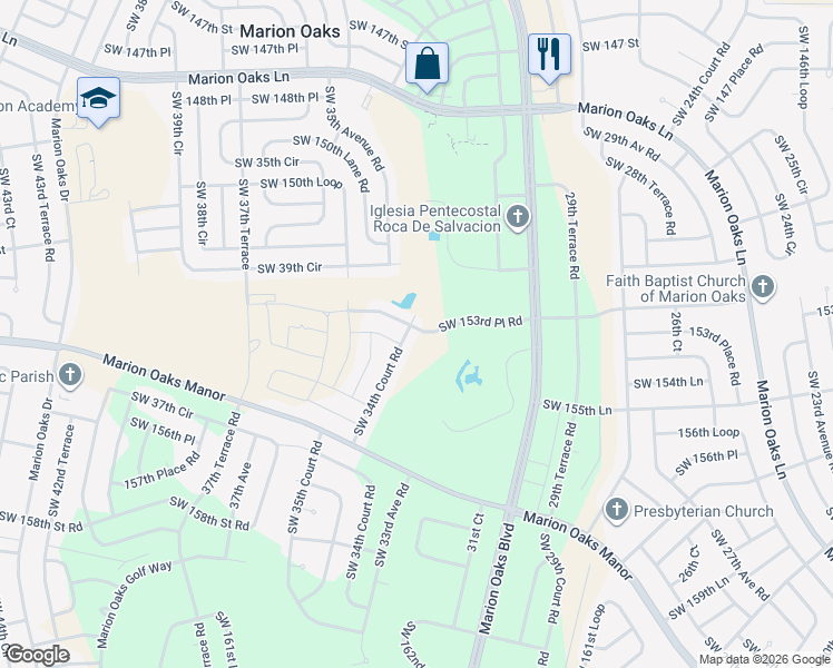 map of restaurants, bars, coffee shops, grocery stores, and more near 3322 Southwest 153rd Place Road in Ocala