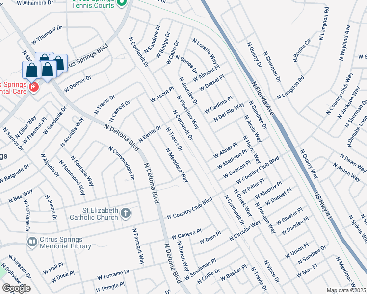 map of restaurants, bars, coffee shops, grocery stores, and more near 9224 North Travis Drive in Citrus Springs