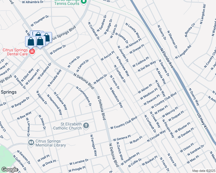 map of restaurants, bars, coffee shops, grocery stores, and more near 9236 North Mendoza Way in Citrus Springs