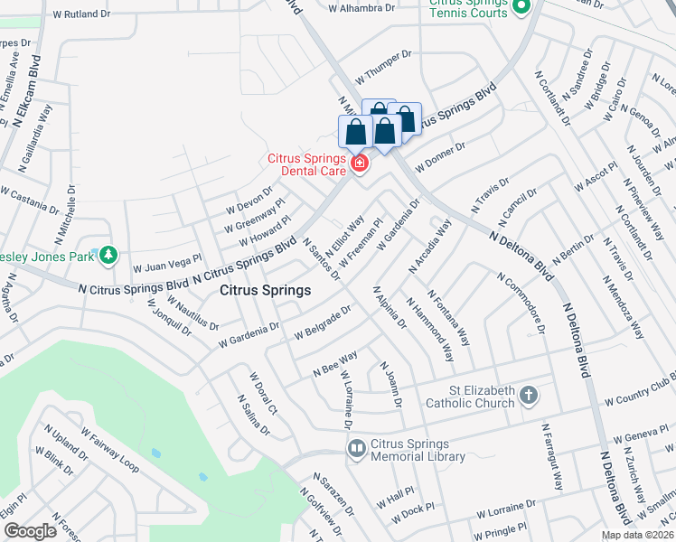 map of restaurants, bars, coffee shops, grocery stores, and more near 1936 West Freeman Place in Citrus Springs