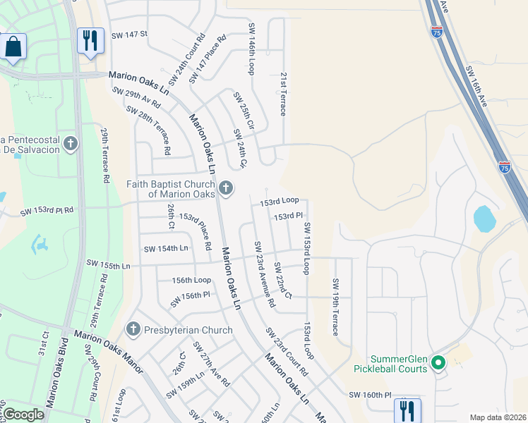 map of restaurants, bars, coffee shops, grocery stores, and more near 15370 Southwest 22nd Court Road in Ocala