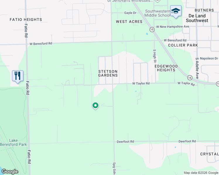 map of restaurants, bars, coffee shops, grocery stores, and more near 1750 South Spring Garden Avenue in DeLand