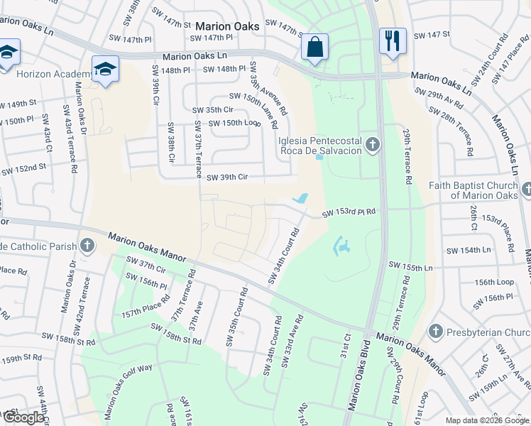 map of restaurants, bars, coffee shops, grocery stores, and more near 34th Terrace in Ocala