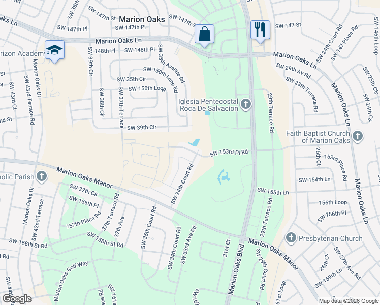 map of restaurants, bars, coffee shops, grocery stores, and more near 3322 Southwest 153rd Place Road in Ocala