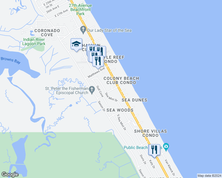 map of restaurants, bars, coffee shops, grocery stores, and more near 4305 Sea Mist Drive in New Smyrna Beach
