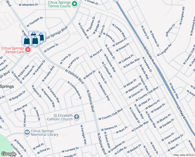 map of restaurants, bars, coffee shops, grocery stores, and more near 9236 North Mendoza Way in Citrus Springs