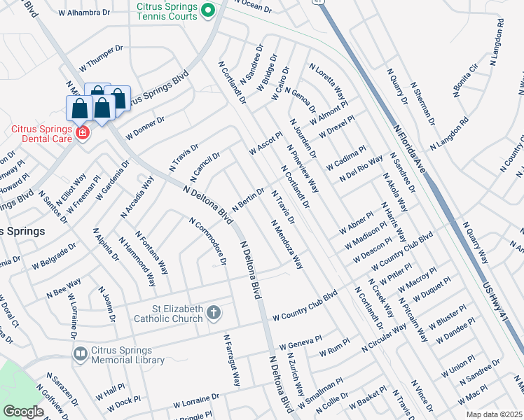 map of restaurants, bars, coffee shops, grocery stores, and more near 9276 North Mendoza Way in Citrus Springs