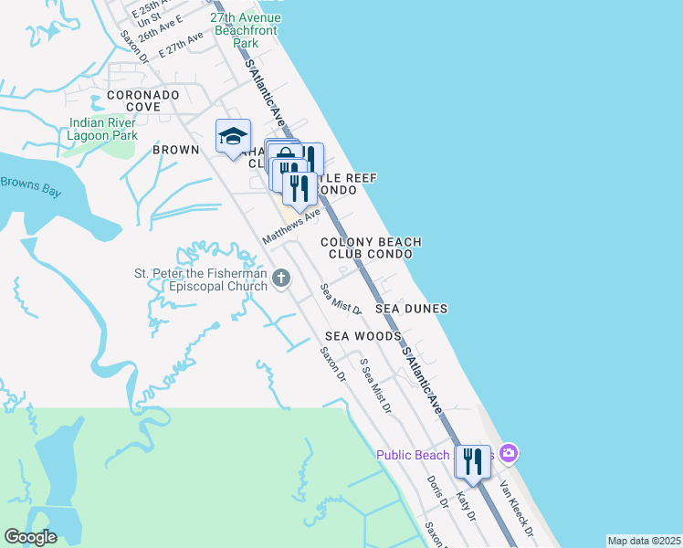 map of restaurants, bars, coffee shops, grocery stores, and more near 878 Baybreeze Way in New Smyrna Beach