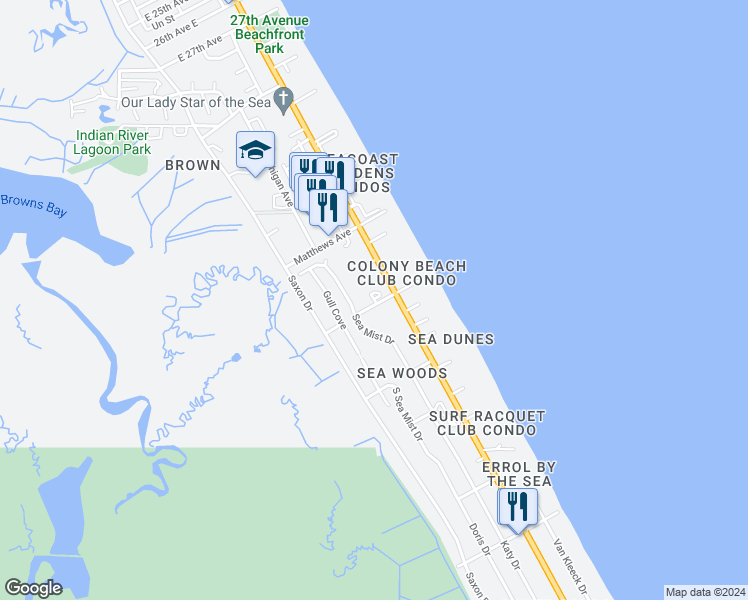 map of restaurants, bars, coffee shops, grocery stores, and more near 888 Baybreeze Way in New Smyrna Beach