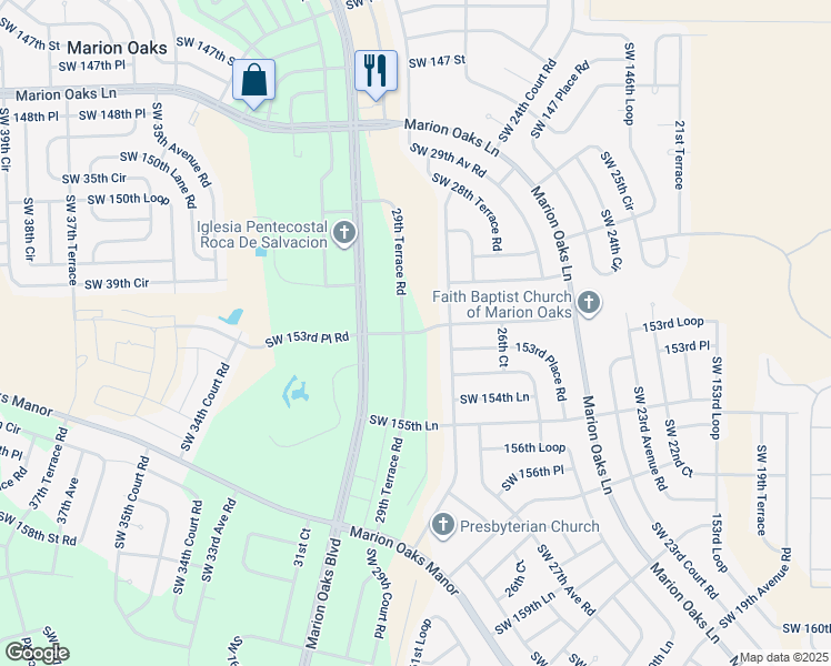 map of restaurants, bars, coffee shops, grocery stores, and more near 29th Terrace Road in Ocala