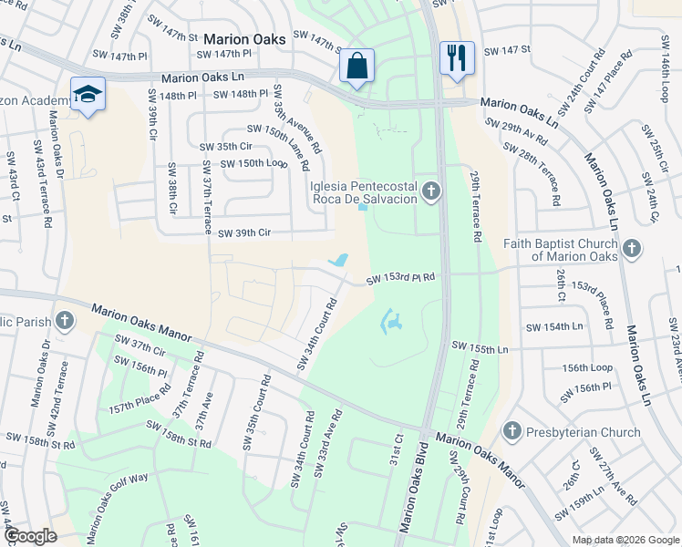 map of restaurants, bars, coffee shops, grocery stores, and more near 3322 Southwest 153rd Place Road in Ocala