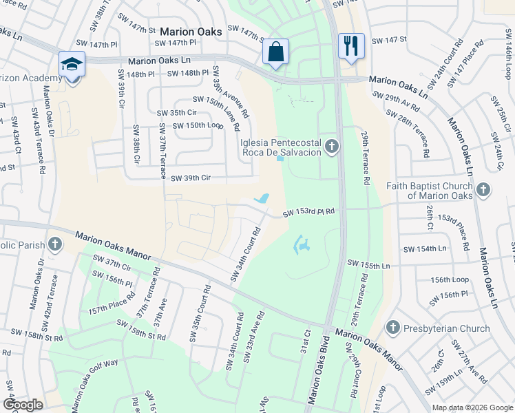 map of restaurants, bars, coffee shops, grocery stores, and more near 15330 Southwest 34th Court Road in Ocala