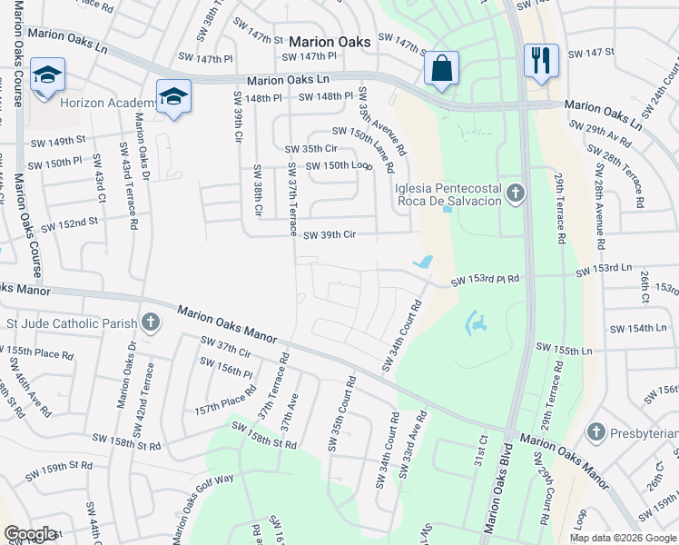 map of restaurants, bars, coffee shops, grocery stores, and more near 15140 Southwest 39th Circle in Ocala