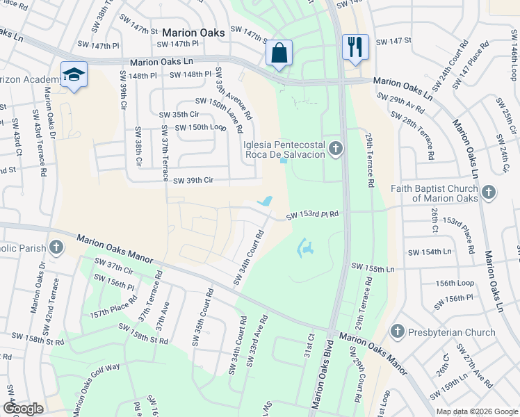 map of restaurants, bars, coffee shops, grocery stores, and more near 15330 Southwest 34th Court Road in Ocala