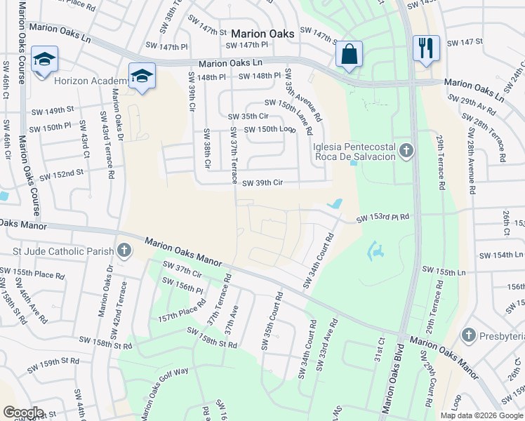 map of restaurants, bars, coffee shops, grocery stores, and more near 15140 Southwest 39th Circle in Ocala