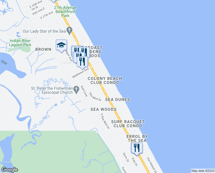 map of restaurants, bars, coffee shops, grocery stores, and more near 4225 South Atlantic Avenue in New Smyrna Beach