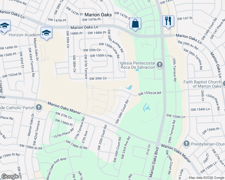 map of restaurants, bars, coffee shops, grocery stores, and more near 15200 Southwest 39th Circle in Ocala