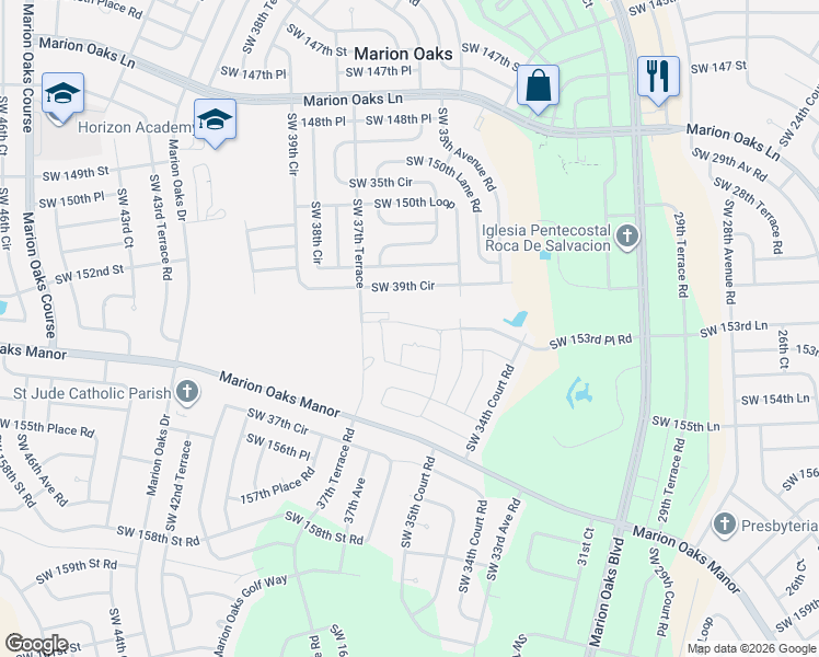 map of restaurants, bars, coffee shops, grocery stores, and more near 15140 Southwest 39th Circle in Ocala