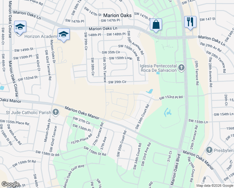 map of restaurants, bars, coffee shops, grocery stores, and more near 15140 Southwest 39th Circle in Ocala